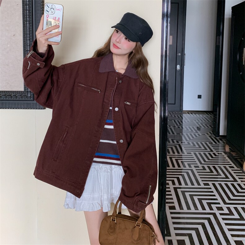 酒红色工装外套女春秋2025新款巨好看独特别致宽松美工复古上衣,女装短外套,2C275