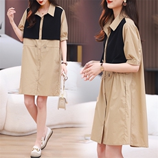 现货2023夏季新款腰间半抽绳假两件衬衫连衣裙，女装连衣裙，深水步