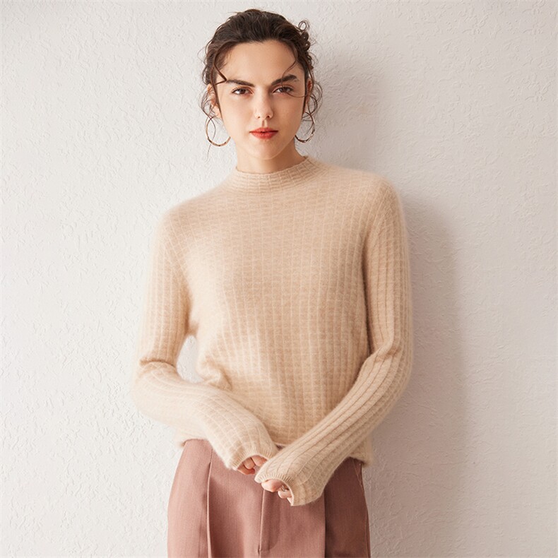 显瘦天花板！半高领100%纯山羊绒衫女2025秋冬新款抽条针织上衣，女装羊绒衫，戎叶云台