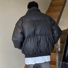 现货冬季三防重磅硬挺boxy短款羽绒刺绣立领PU皮棉衣外套加厚棉服，男装棉衣，电商A443