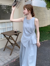 夏日绝美蓝色无袖上衣半身裙套装女夏季两件套高级感赫本风超火，女装套装/套裙，蝶眷