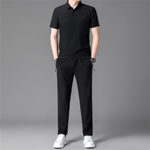 R-WL6401夏季男式速干短袖长裤二件套运动休闲翻领修身t恤套装图片