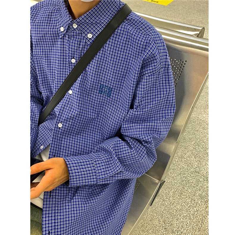 24美式复古蓝色格子长袖衬衫中性宽松绣花衬衫外套男女H993P58,男装衬衫,电商A341