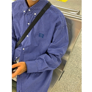 24美式复古蓝色格子长袖衬衫中性宽松绣花衬衫外套男女 H993 P58图片