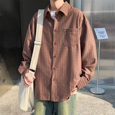 磨毛格子衬衫外套男春秋长袖韩版潮流宽松慵懒风男生复古外穿衬衣，男装衬衫，星座716-3