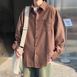 磨毛格子衬衫外套男春秋长袖韩版潮流宽松慵懒风男生复古外穿衬衣图片