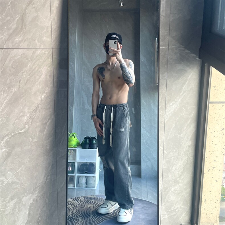 破洞牛仔裤男夏季薄款宽松直筒松紧腰裤子潮牌美式高街JX2227-P45,男装牛仔裤,星座1109-3