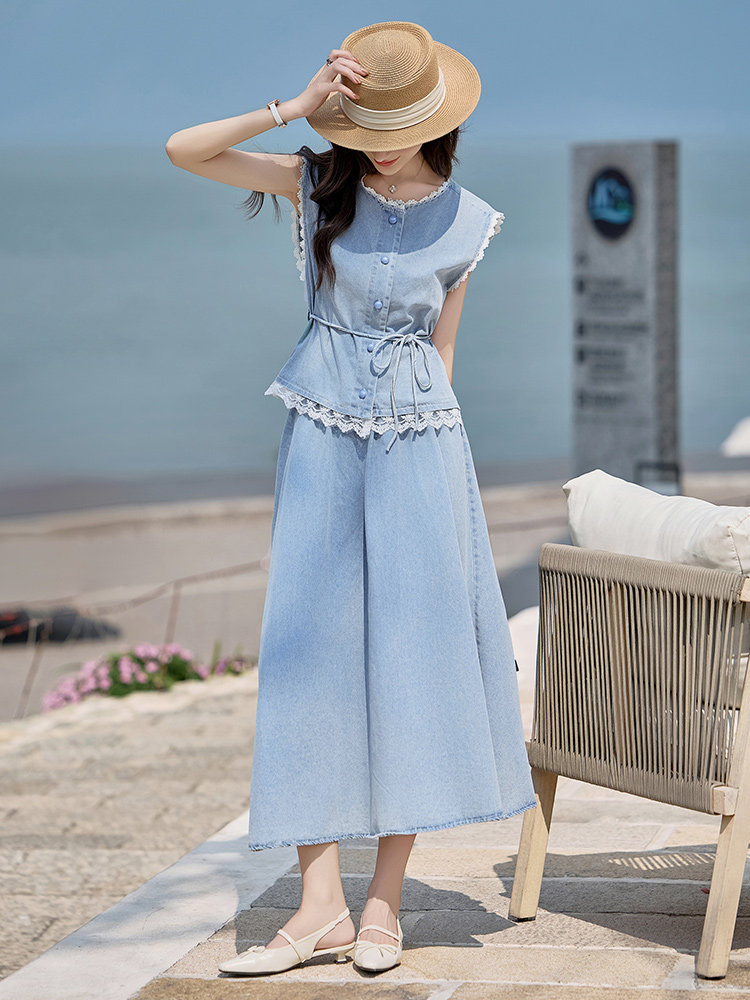 新品现货2025夏装水洗轻薄牛仔套裙两件套女,女装套装/套裙,苗苗