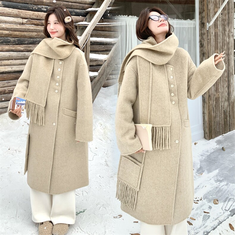 2024秋冬新款时尚简约双面羊绒大衣配包包和围巾，女装双面呢大衣，韩蜜菓