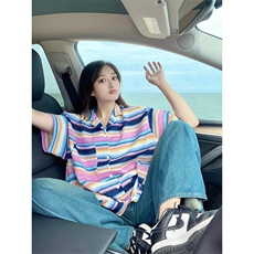 夏季热带条纹慵懒衬衫半袖针织短袖上衣女C110，男装衬衫，星座1116A（原606A-3）