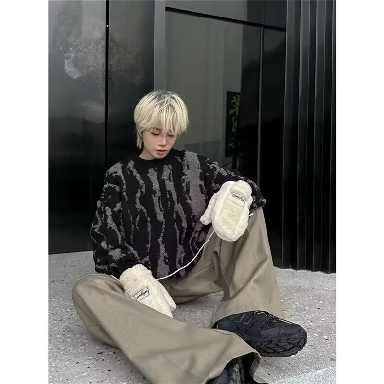 网图现货圆领宽松型套头休闲美式街头不规则针织衫男B50-P50,男装针织衫/毛衣,星座910-1