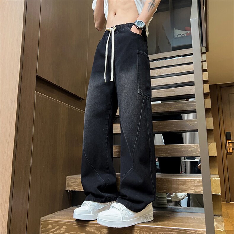 C038-P45春夏新款牛仔裤男士休闲宽松系绳直筒裤子【控79】M-5XL,男装牛仔裤,星座1204