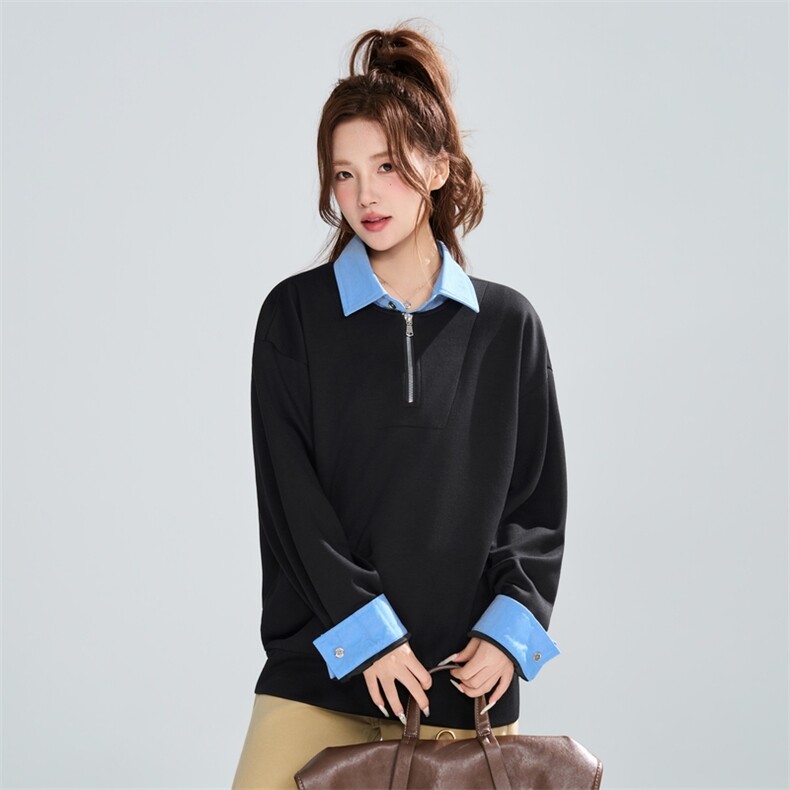 撞色翻领半拉链套头卫衣女春季宽松休闲百搭上衣XZ309W8015P55,男装卫衣,星座309（原A406）