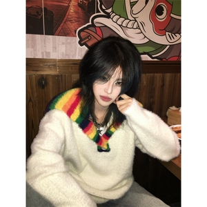 美式慵懒风彩虹高领毛衣男女秋冬季情侣白色针织衫外套MY3666-p60