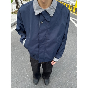 美式复古格纹撞色拼接夹克上衣男女春秋宽松休闲情侣痞帅工装外套图片
