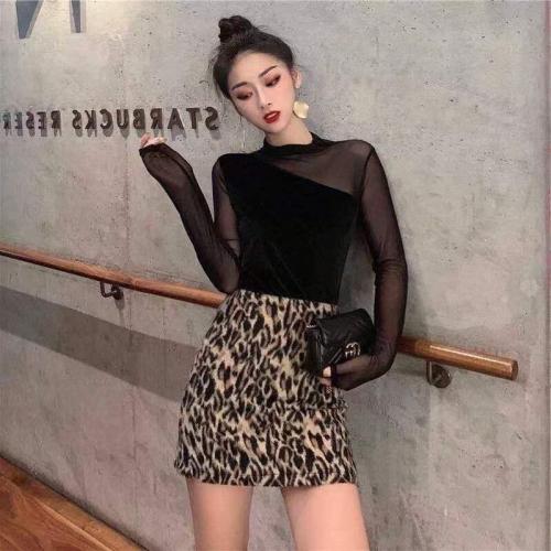 2021秋季新款金丝绒拼网纱半高领长袖修身女打底衫,女装其它,L·H·X