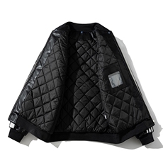 现货三条杠袖子PU皮棒球服外套秋冬棉服带帽可拆卸，男装棉衣，电商A105