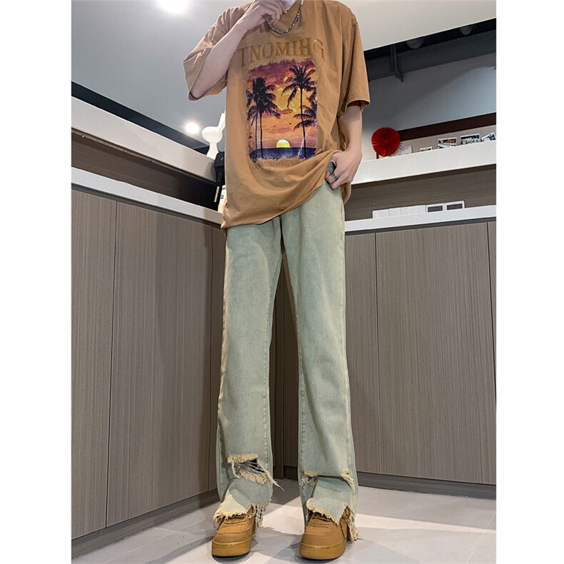 春夏黄泥美式vibe裤高街黑色破洞微喇直筒毛边牛仔裤男K890-P55,男装牛仔裤,星座205