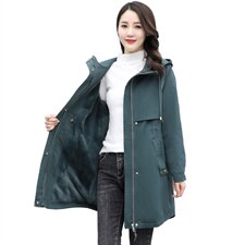 有现货2021冬季新款休闲时尚加绒加棉外套连帽中长款保暖棉服,女装棉衣/棉服,依万里