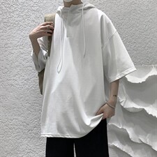 LD54099-P45连帽短袖t恤男大码胖子带帽五分袖中袖大皂风，男装T恤，电商A040