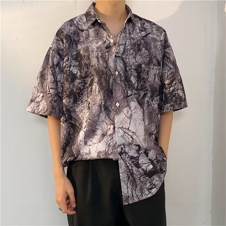 扎染灰色衬衫短袖男夏季小众高街潮牌美式衬衫C1102P26,男装衬衫,星座1116-2