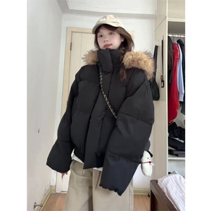 现货三防重磅硬挺boxy短款羽绒棉衣座山雕大毛毛领PU皮棉服外套冬图片