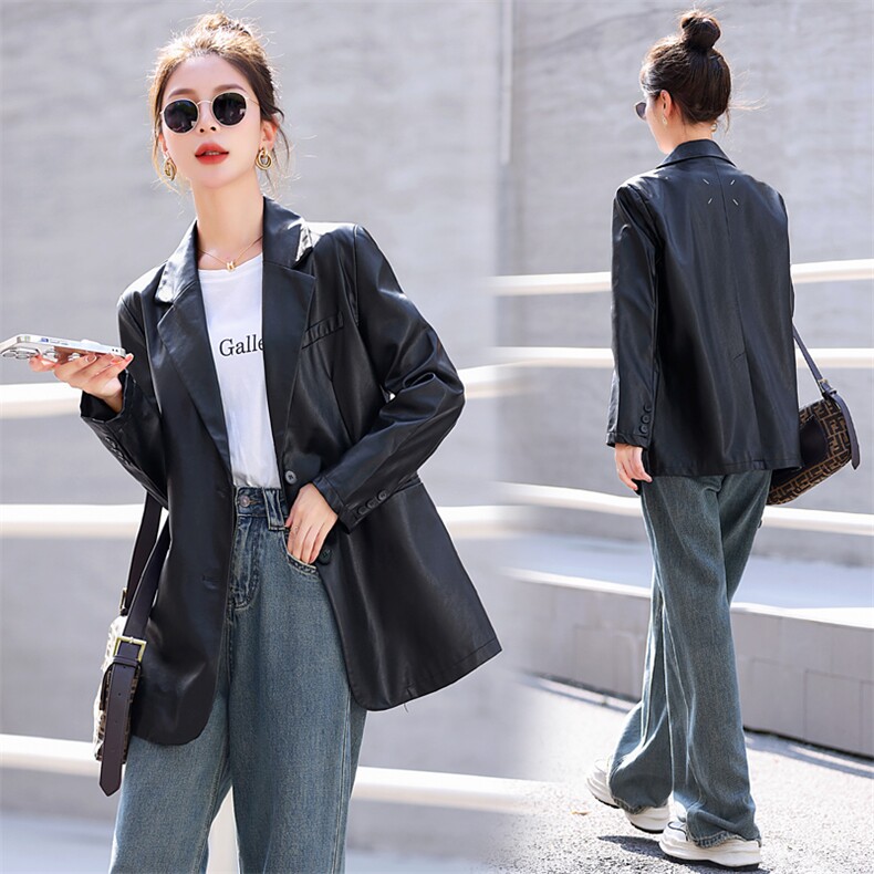 PU皮西装外套女秋季复古西服2025新款小个子复古外套女宽松港风潮,女装西装,意芙
