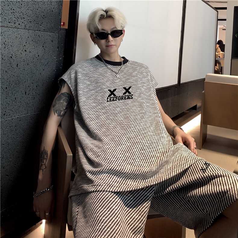 背心短裤套装男夏季痞帅时尚休闲篮球服条纹一套搭配潮牌特P55,男装背心/马甲,电商C307