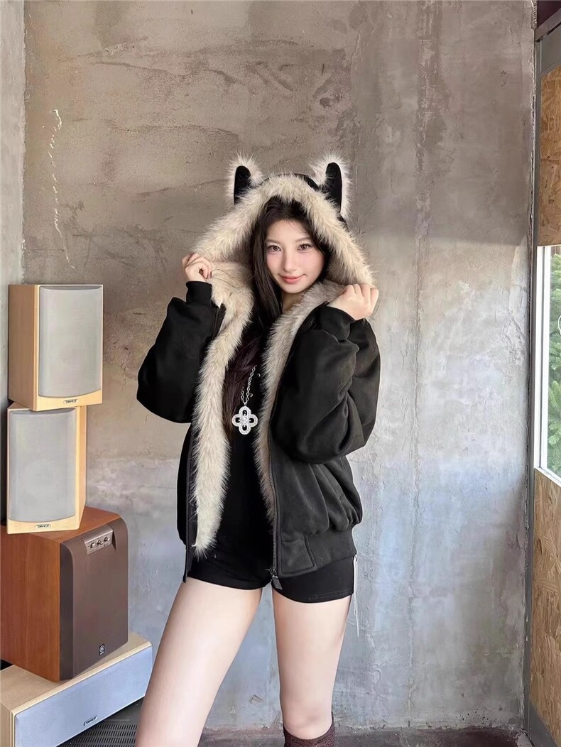 网图座山雕秋冬季连帽猫耳朵棉衣男女情侣装棉服外套潮流特P99,男装棉衣,电商C306-1