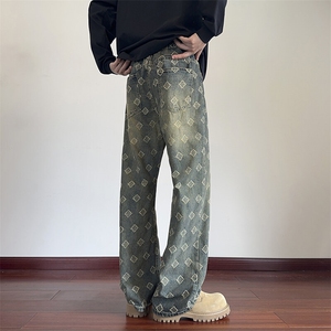 重磅水洗提花牛仔裤男春季潮牌ins美式高街宽松拖地阔腿微喇裤子图片