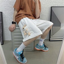 小熊玩偶短裤男夏季薄款设计感小众休闲宽松潮牌港风情侣五分裤子，男装牛仔裤，星座608A