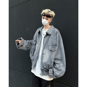 小众boxy水洗重工倒装短款立领牛仔外套男秋美式潮牌街头宽松夹克图片