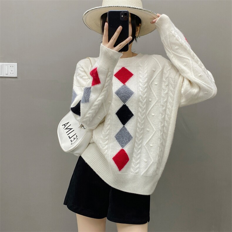 秋冬新款山羊绒衫女套头上衣提花针织衫毛衣宽松女士学院风菱格，女装羊绒衫，织绒羊