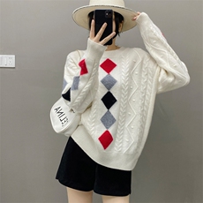 秋冬新款山羊绒衫女套头上衣提花针织衫毛衣宽松女士学院风菱格，女装羊绒衫，织绒羊