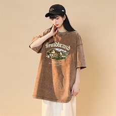 中性风夏季水洗美式做旧蜡染短袖T恤男女几何字母印花2024新款潮，男装T恤，电商C306-1