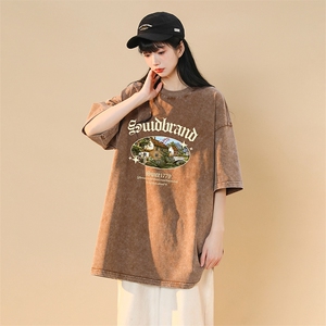 中性风 夏季水洗美式做旧蜡染短袖T恤男女几何字母印花2024新款潮图片