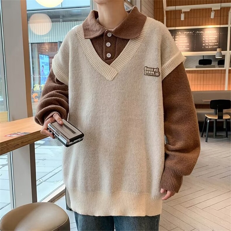 假两件polo领毛衣男学院风情侣针织衫潮宽松毛线衣外套M9141-p53图片