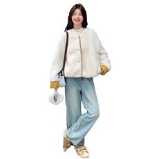 韩系减龄甜美皮毛一体外套女冬季短款休闲宽松气质高级温柔风棉服，女装皮草，2B142