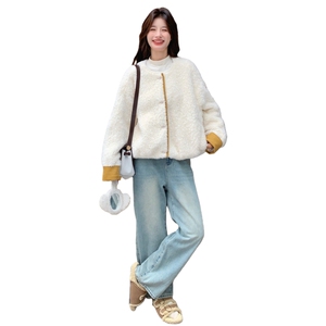 韩系减龄甜美皮毛一体外套女冬季短款休闲宽松气质高级温柔风棉服图片