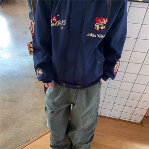 美式复古刺绣勳章夹克男女款春秋季小众短宽帽子可拆卸外套ins潮图片