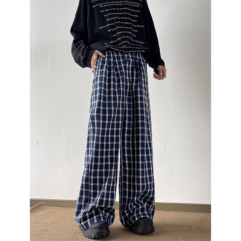美式高街潮牌男女泡泡格子休闲裤直筒宽松慵懒显瘦阔腿休闲长裤子，男装休闲裤，电商A443