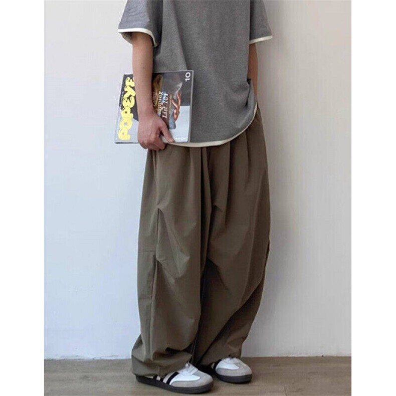 CP1227-P35夏季日系复古宽松褶皱阔腿裤男女直筒松紧腰休闲长裤,男装休闲裤,电商B323A