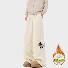 冬季美式刺绣羊羔毛棉裤男女情侣加绒加厚保暖宽松休闲阔腿长裤子，男装棉衣，电商A486