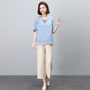 休闲文艺国风套装女2024新款夏装时尚苎麻高端刺绣复古休闲两件套图片