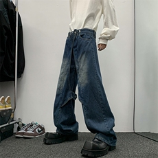 美式高级感拼接重磅牛仔裤男女高街阔腿百搭长裤N01566-P58，男装牛仔裤，星座308B-1