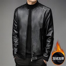 G88171男士2023冬新款长袖PU皮加绒皮衣修身皮夹克外套P82，男装皮衣，电商B360