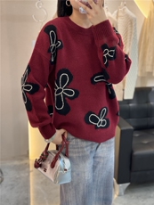 秋季新款针织羊绒圆领宽松纯色套头太阳花针织毛衣，女装羊绒衫，大千羊绒