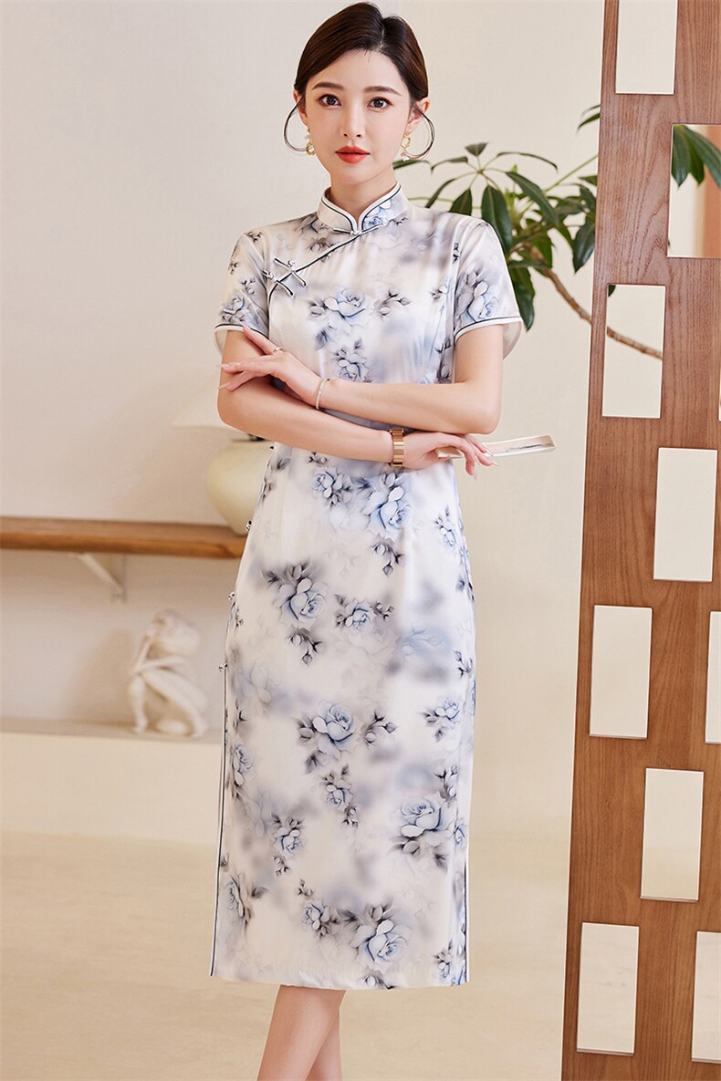 2024夏季新款高奢时尚盘扣中长款专柜品质真丝旗袍日常连衣裙,女装汉服/婚纱/旗袍/礼服,媚琳依坊