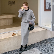 有货【新品】时尚减龄小香风羽绒服袖口真毛663#-P295-K398，女装套装/套裙，2C317