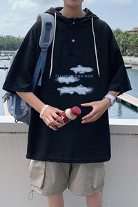 LD54143-P45 连帽短袖t恤男大码胖子带帽五分袖中袖图片